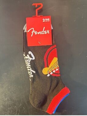 2 pairs Fender Black Ankle Socks with Red, Yellow & Blue Guitar Accent